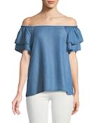 Off-the-shoulder Ruffle-tiered Chambray Blouse