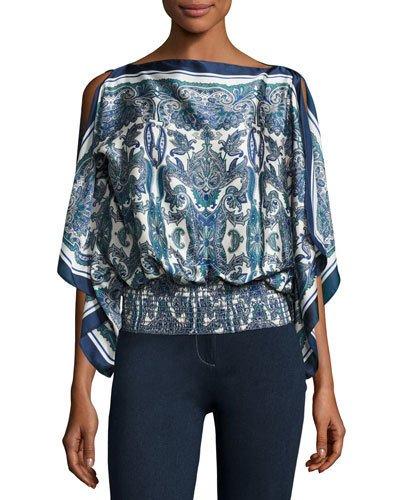 Cascade-sleeve Smocked-bottom Blouse, Navy/dark Green