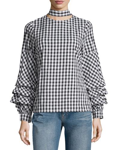 Check-print Ruffle-sleeve Blouse