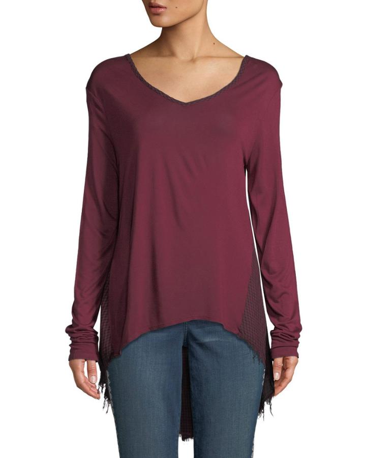 Ridley Gingham-back V-neck Long-sleeve High-low Jersey Top
