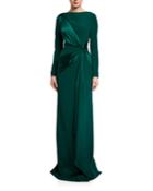 Long-sleeve Crepe Column Gown With Draped
