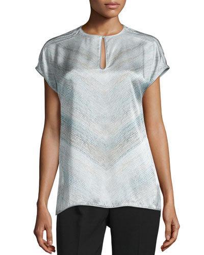 Zane Short-sleeve Silk Chevron Blouse, Cloud