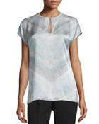 Zane Short-sleeve Silk Chevron Blouse, Cloud