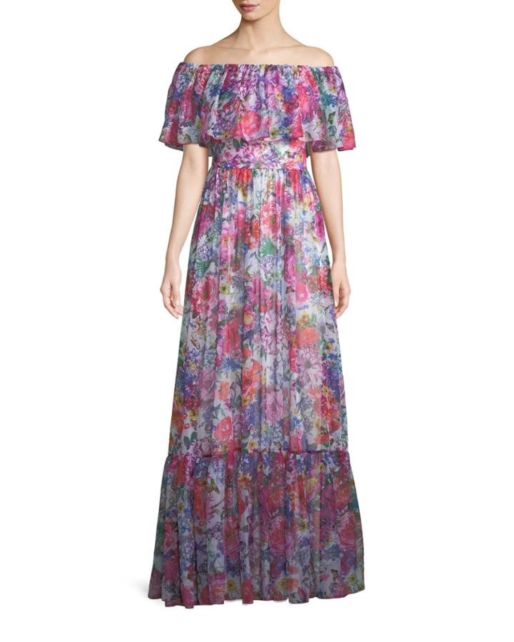 Pleated Off-the-shoulder Chiffon Gown