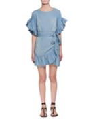 Lelicia Round-neck Wrap-front Chambray Dress