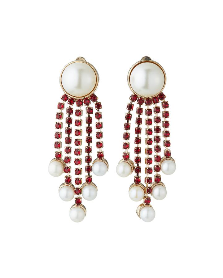 Pearl Crystal-dangle Clip Earrings