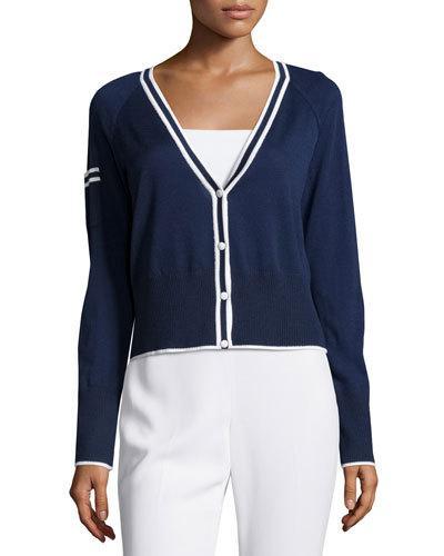 V-neck Striped-panel Short Cardigan, Ink/bright White