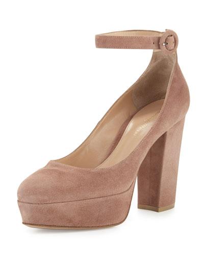 Suede Platform Ankle-strap Pump, Praline