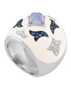 18k White Gold Enamel Domed Ring W/ Stones, White,