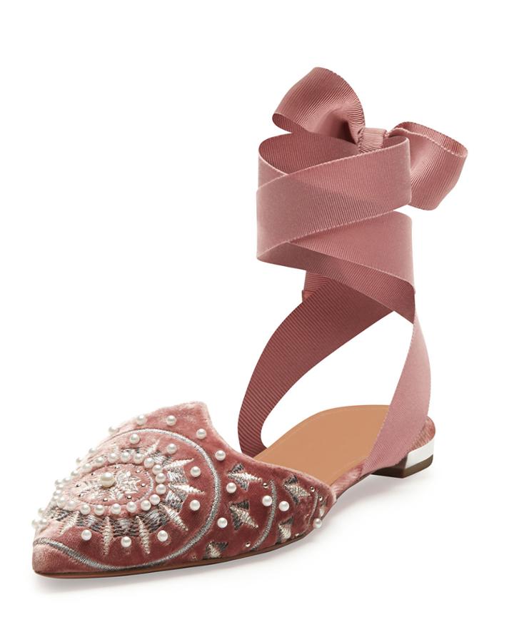 Stellar Embellished Velvet Ankle-wrap Flat, Antique Rose