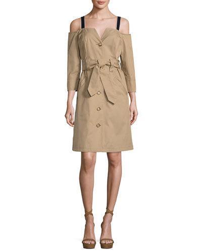 Twill Cold-shoulder Trench Dress, Khaki