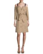 Twill Cold-shoulder Trench Dress, Khaki