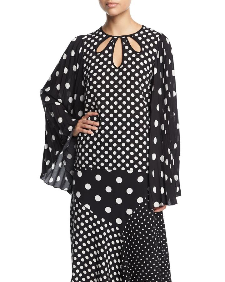 Long Bell-sleeve Polka-dot Blouse