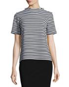 Stand-collar Striped Short-sleeve Top, Black