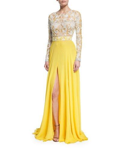 Long-sleeve Beaded Silk Lace Gown, Yellow