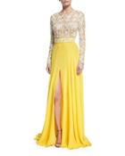 Long-sleeve Beaded Silk Lace Gown, Yellow