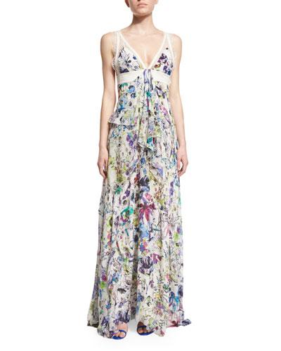 Sleeveless Lace-inset Tiered Gown, White/multi