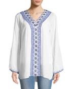 Diamond-embroidered Bell-sleeve Peasant Blouse
