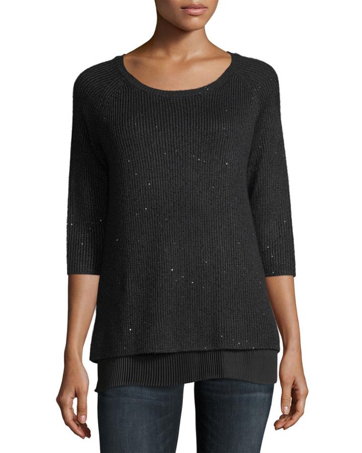 Sequin Cashmere Crewneck W/ Pleated Hem