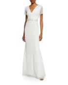 Floral Lace V-neck Short-sleeve Gown W/ Jeweled Belt
