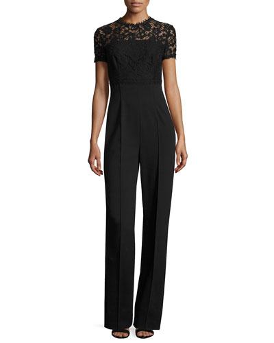 Lace-bodice Short-sleeve Jumpsuit, Black