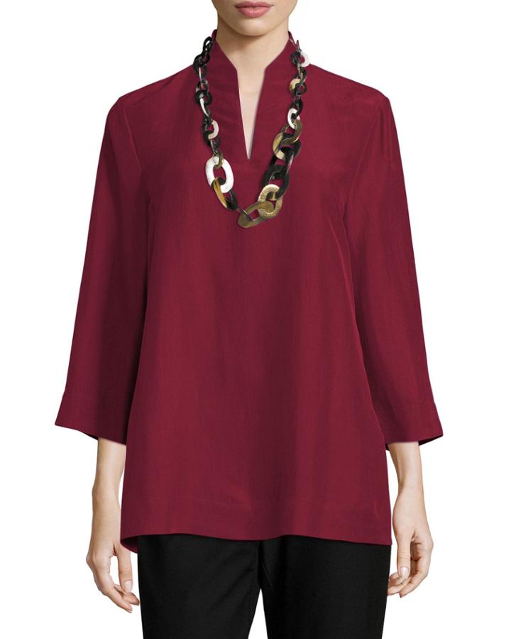 3/4-sleeve High-collar Doupioni Silk Blouse, Hibiscus