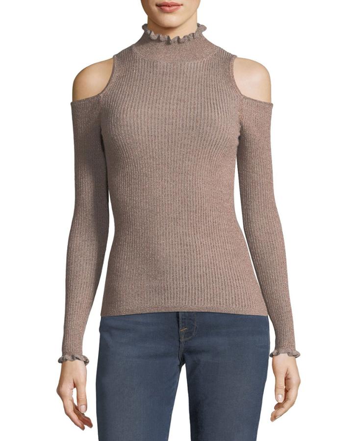 Open-shoulder Metallic Ribbed Pullover