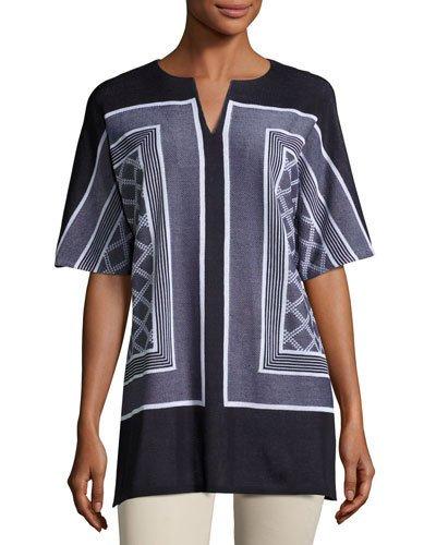 Printed Split-neck Half-sleeve Tunic, Blue/white