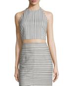 Jaymee Striped Cropped Halter Top, Black/white