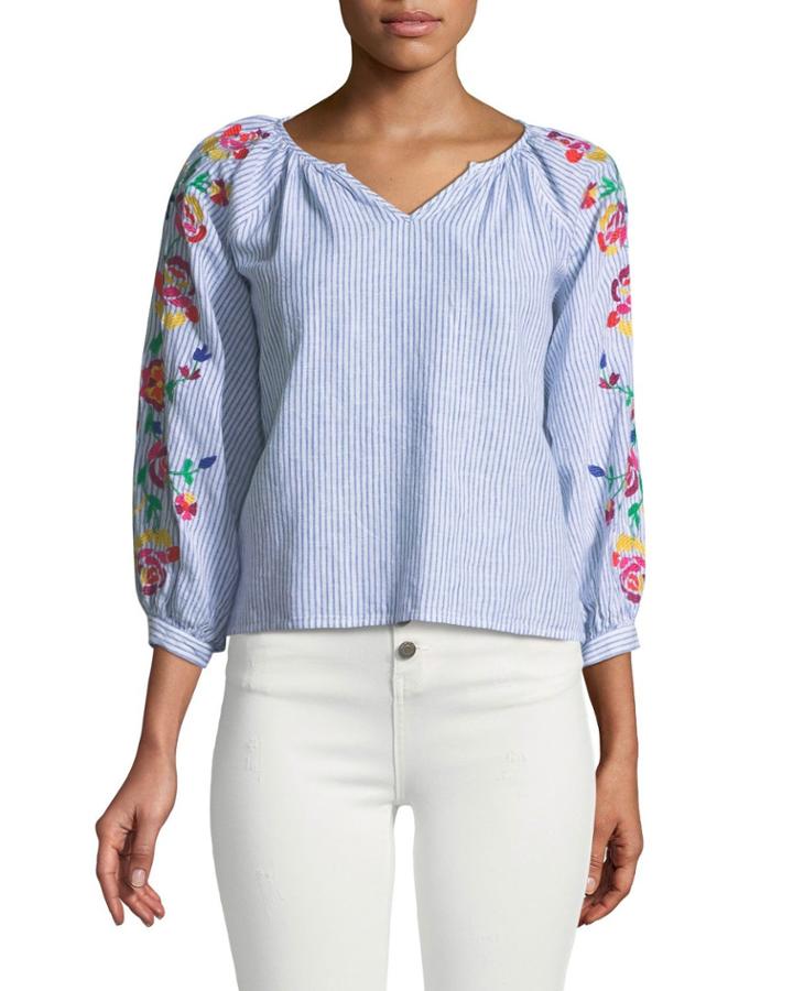 Striped Embroidered-sleeve Peasant Blouse