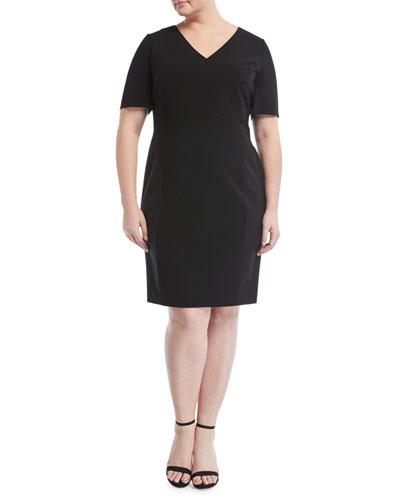 Akira Short-sleeve Paneled Sheath Dress, Black,