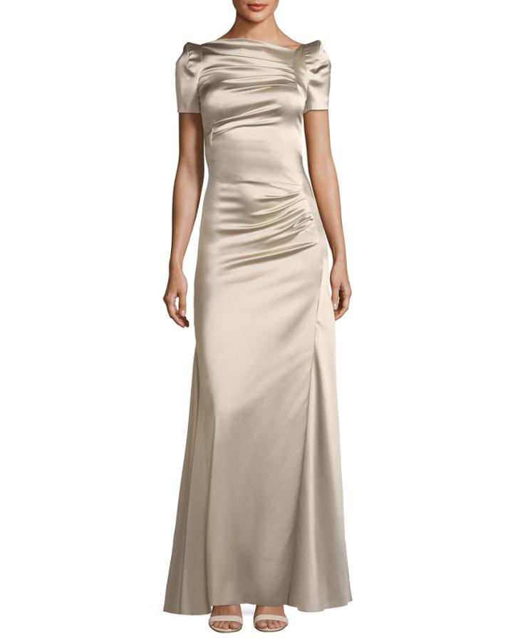 Short-sleeve Slit-front Satin Evening Gown