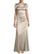 Short-sleeve Slit-front Satin Evening Gown