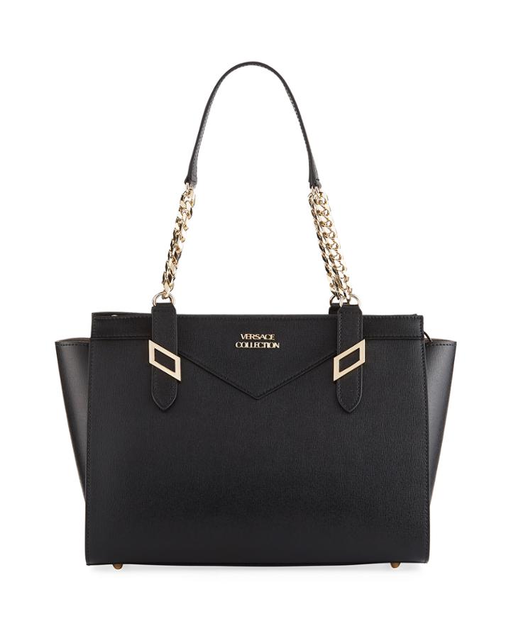Saffiano Leather Chain Shoulder Bag, Black