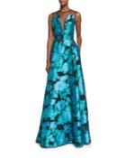 Sleeveless Mesh-inset Ikat Gown, Green/multi