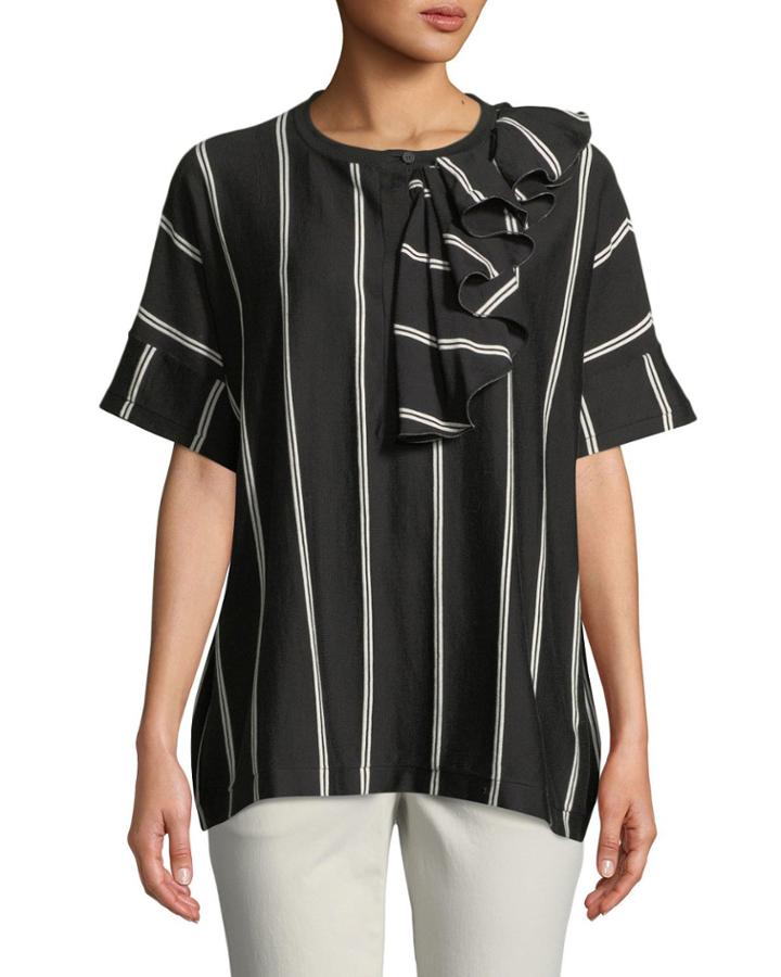 Striped Monili-beaded Ruffle-shoulder Tee