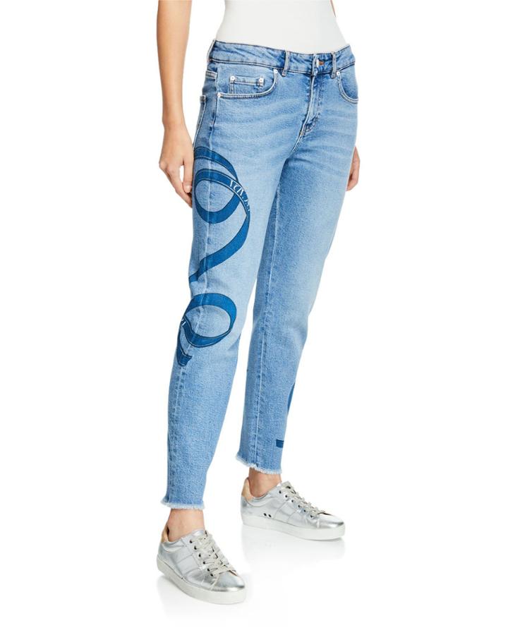 Ribbon-print Washed Boyfriend Jeans