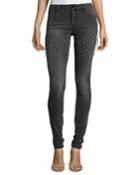 Plaza Emma Chain Embroidered Skinny Denim Jeans, Gray