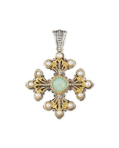 Sea Blue Agate & Pearl Cross Pendant