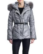 Apr&#232;s-ski Belted Metallic Quilted Puffer Jacket W/ Fox-fur Hood