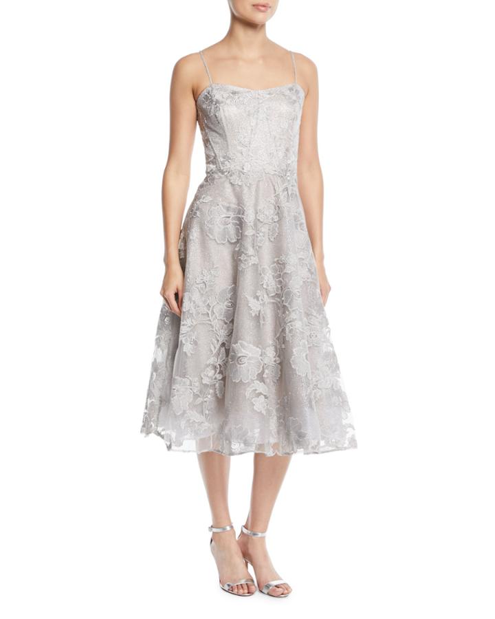 Strapless Embroidered Floral Lace Midi Cocktail Dress