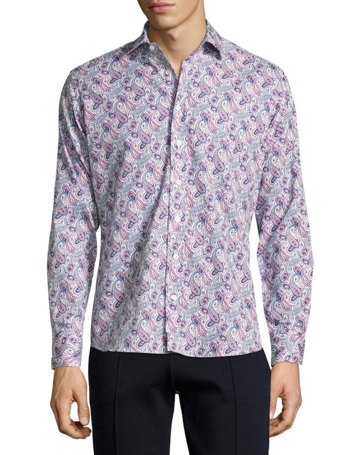 Paisley-print Cotton Shirt, Navy/white/magenta