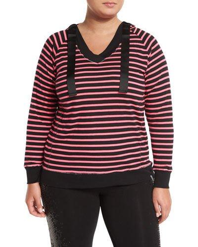 Hooded V-neck Striped Top, Black/hot Pink,
