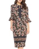 3/4 Flounce-sleeve Floral-print Scuba Crepe