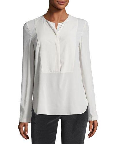 Long-sleeve Silk-blend Blouse, Cream
