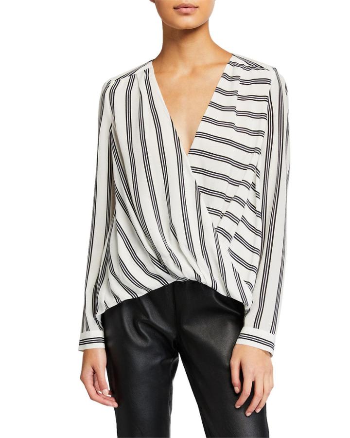 Silk Striped Surplice Blouse