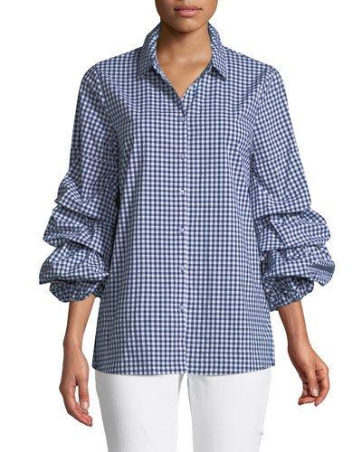 Puff-sleeve Button-front Gingham Blouse