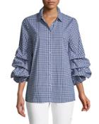 Puff-sleeve Button-front Gingham Blouse