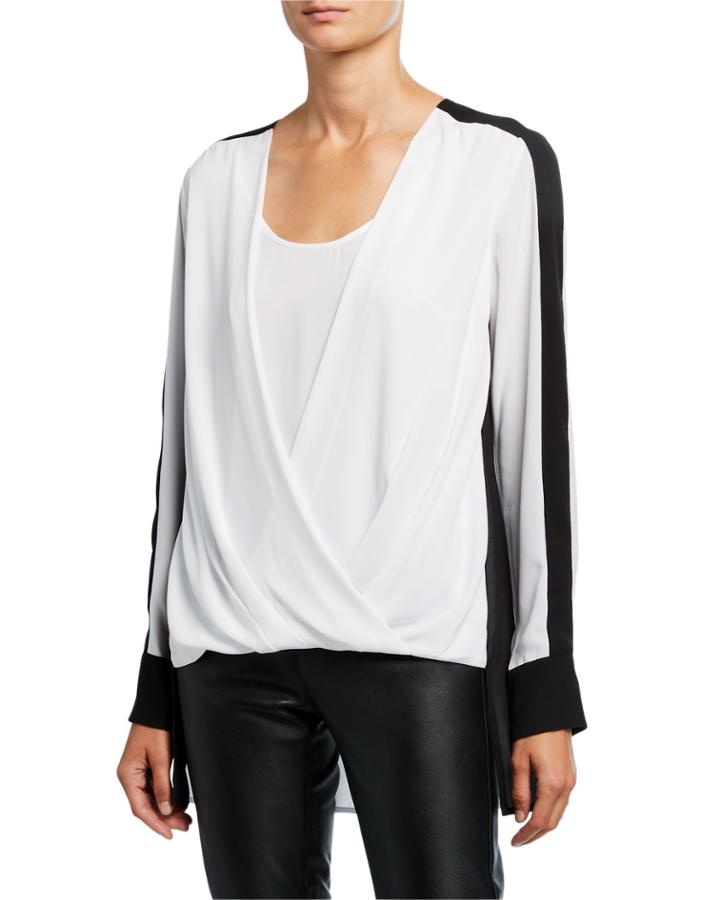 Colorblock Drape-front Long-sleeve High-low Top