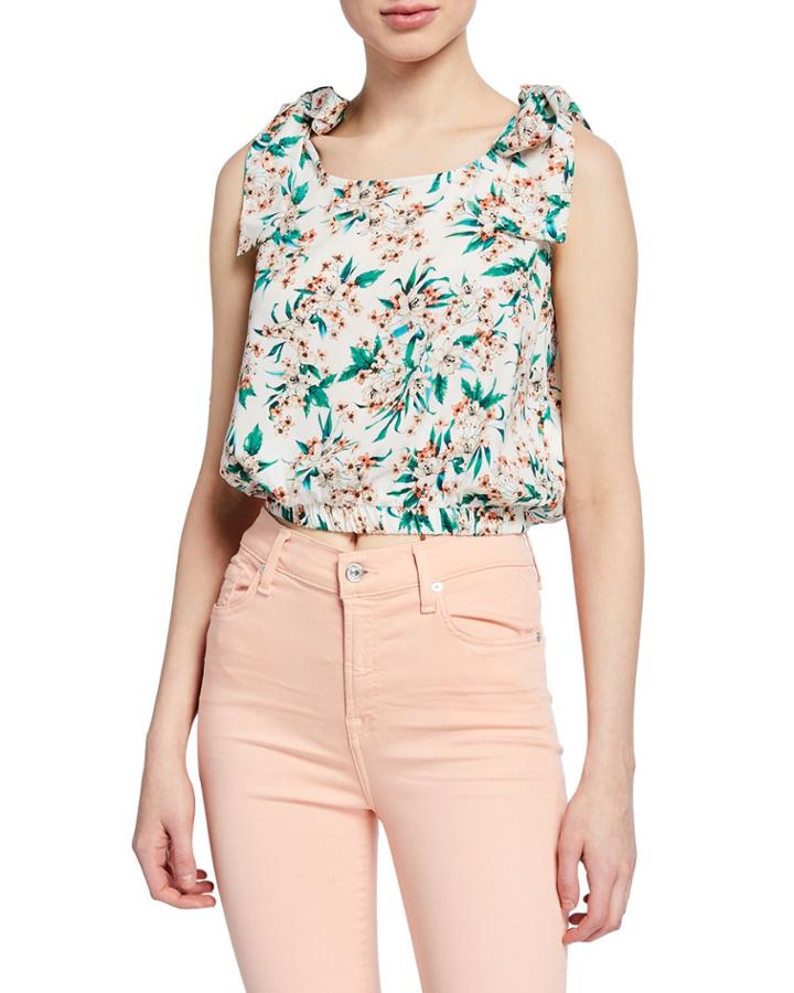 Floral-print Cropped Tie-shoulder Gathered Top